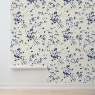 Cute Vintage Cupid Angel Blue Floral Toile Wallpaper