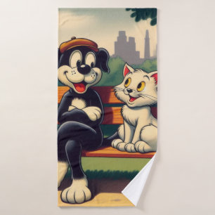 Cute, vintage dog/cat cartoon bath towel