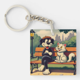 Cute, vintage dog/cat cartoon key ring