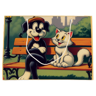 Cute, vintage dog/cat cartoon large gift bag