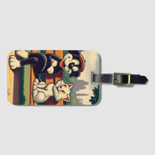 Cute, vintage dog/cat cartoon luggage tag