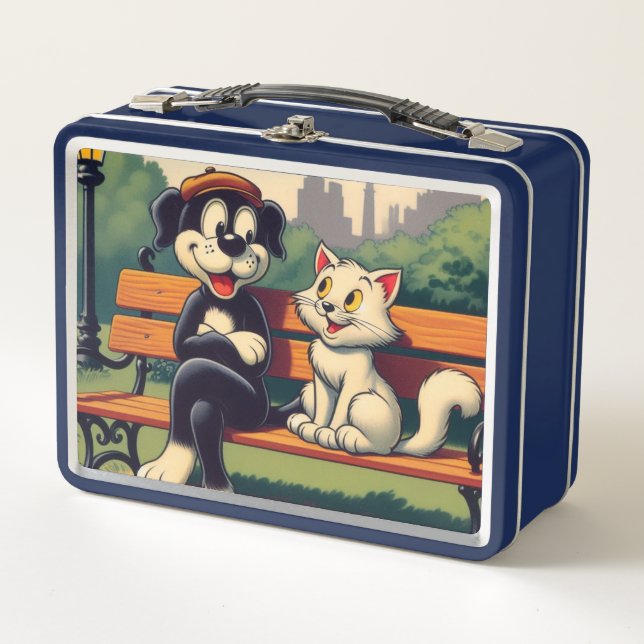 Cute, vintage dog/cat cartoon metal lunch box (Front)
