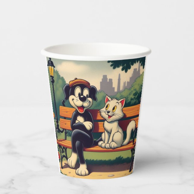 Cute, vintage dog/cat cartoon paper cups (Front)