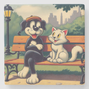 Cute, vintage dog/cat cartoon stone coaster