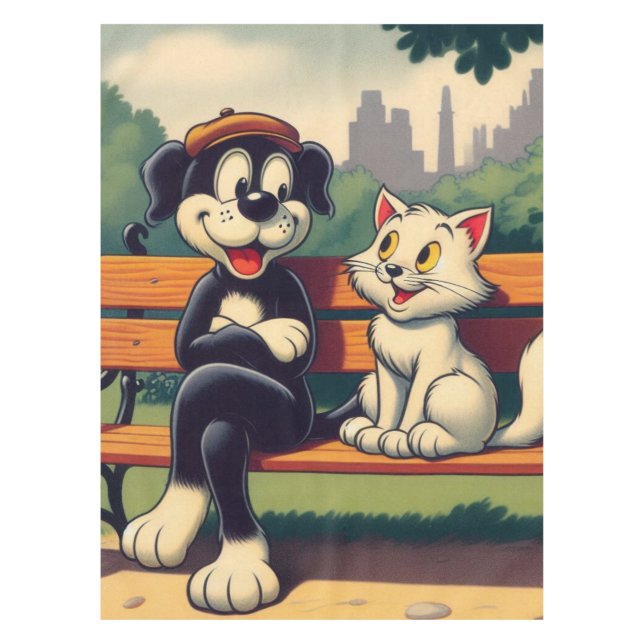 Cute, vintage dog/cat cartoon tablecloth (Front)