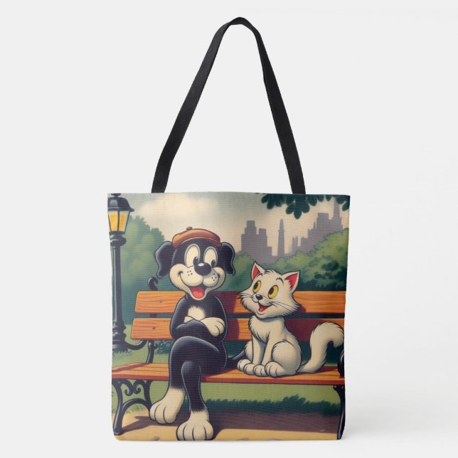 Cute, vintage dog/cat cartoon tote bag (Front)