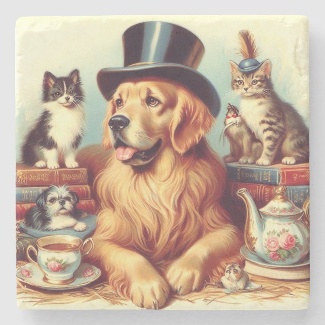 Cute Vintage Dog Painting Stone Coaster (Front)