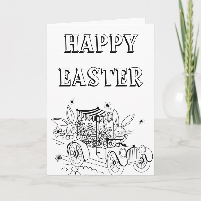 Cute Vintage Driving Bunny's Easter Card to Colour (Front)