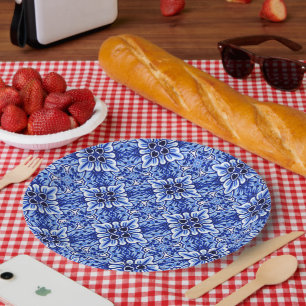 Cute Vintage Dutch Delft Blue Floral Pattern Paper Plate
