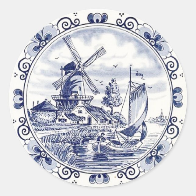 Cute Vintage Dutch Windmill Sailboat Delft Blue Classic Round Sticker (Front)
