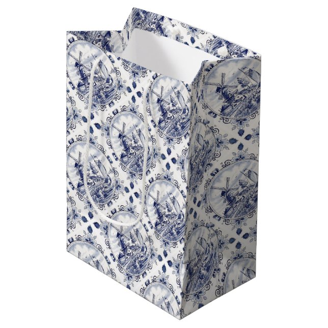 Cute Vintage Dutch Windmill Sailboat Delft Blue Medium Gift Bag (Front Angled)