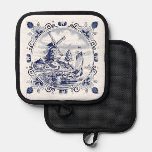 Cute Vintage Dutch Windmill Sailboat Delft Blue Pot Holder
