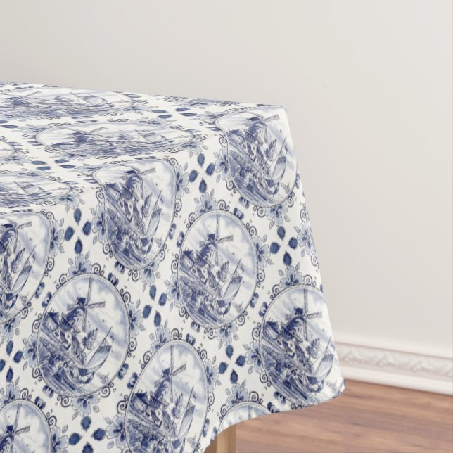 Cute Vintage Dutch Windmill Sailboat Delft Blue Tablecloth (In Situ)