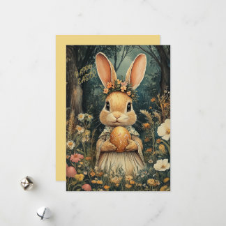 Cute Vintage Easter Bunny and Flowers Holiday Card