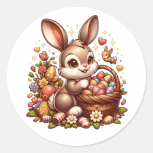 Cute Vintage Easter Bunny, Basket and Eggs Classic Round Sticker