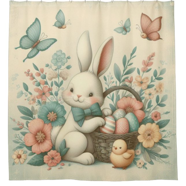 Cute, Vintage Easter bunny & chick Shower Curtain (Front)