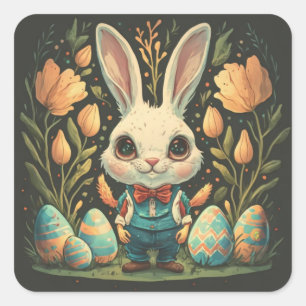 Cute Vintage Easter Bunny Eggs Square Stickers