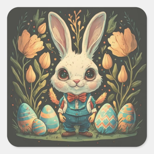 Cute Vintage Easter Bunny Eggs Square Stickers (Front)