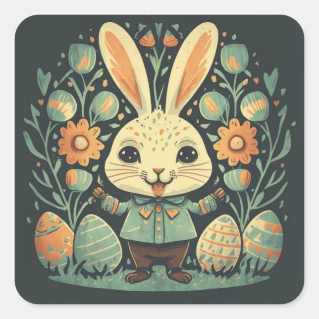 Cute Vintage Easter Bunny Flowers Eggs Stickers (Front)