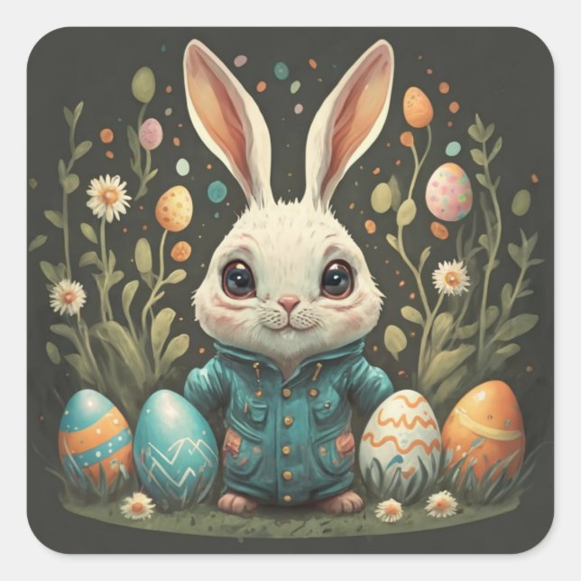 Cute Vintage Easter Bunny Flowers Eggs Stickers (Front)
