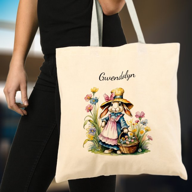 Cute Vintage Easter Bunny Girl's Personalised Tote Bag (Creator Uploaded)