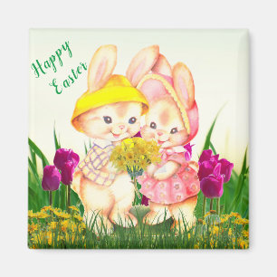 Cute Vintage Easter Bunny Rabbit and Tulip Flowers Magnet