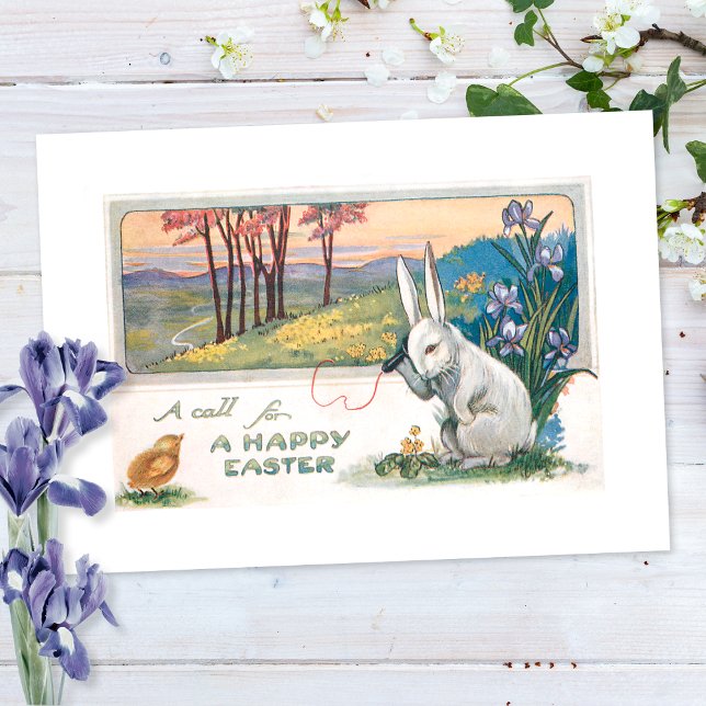 Cute Vintage Easter Bunny with Telephone Holiday Card (Creator Uploaded)