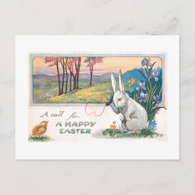 Cute Vintage Easter Bunny with Telephone Postcard (Front)