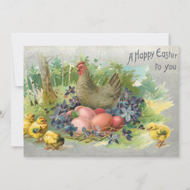 Cute Vintage Easter Eggs, Hen & Chicks Holiday Card (Front)