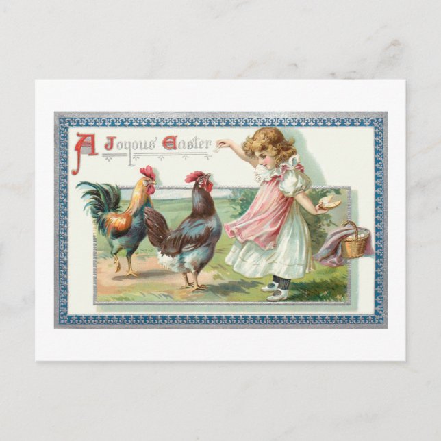 Cute Vintage Easter Hen, Rooster & Girl Postcard (Front)