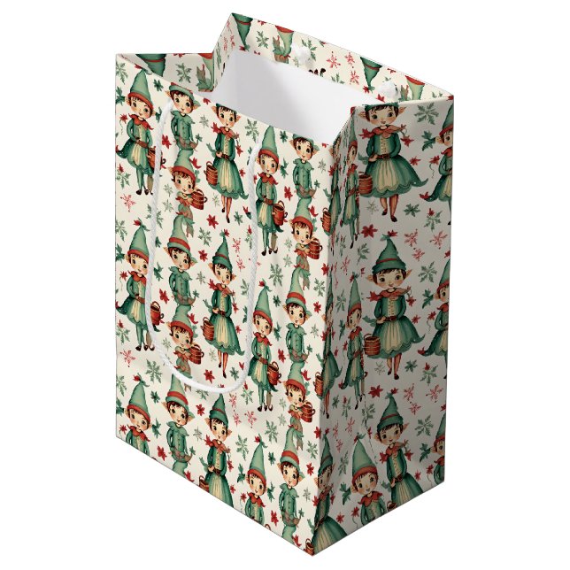 Cute Vintage Elves Christmas Seasonal  Medium Gift Bag (Front Angled)