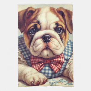 Cute Vintage English Bulldog Art Tea Towel