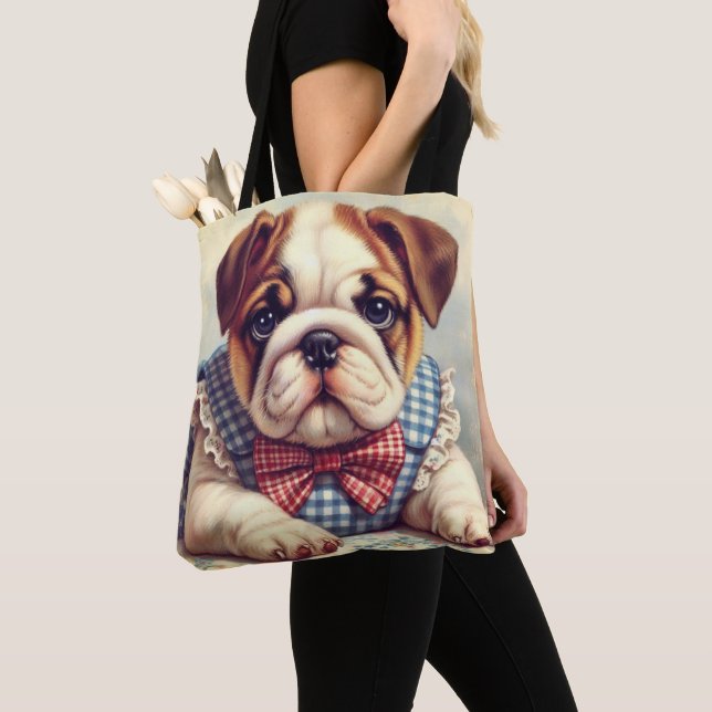 Cute Vintage English Bulldog Art Tote Bag (Close Up)