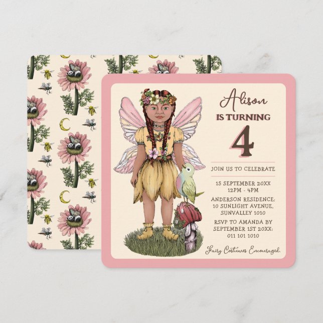 Cute Vintage Fairy Fourth Birthday Party  Invitation (Front/Back)