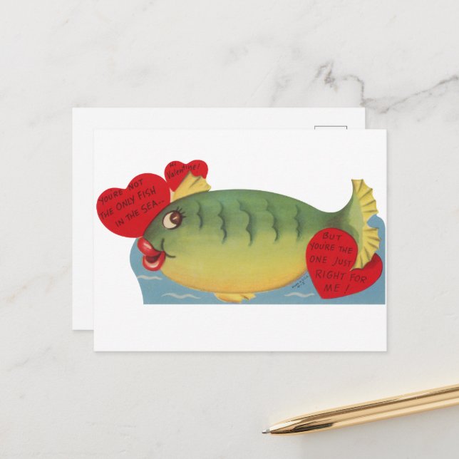 Cute vintage fish Valentine Holiday Postcard (Front/Back In Situ)