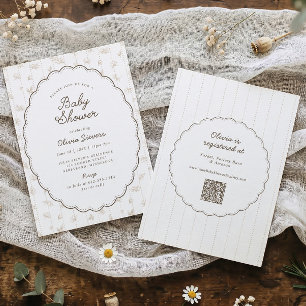 Cute Vintage Floral Tan Oval Frame Baby Shower Invitation