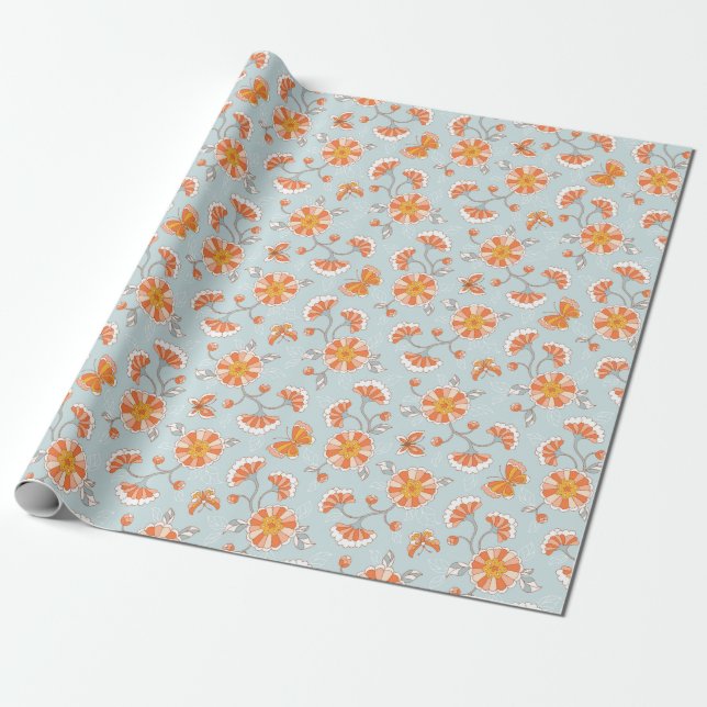 Cute Vintage Flower Butterfly Pattern Wrapping Paper (Unrolled)