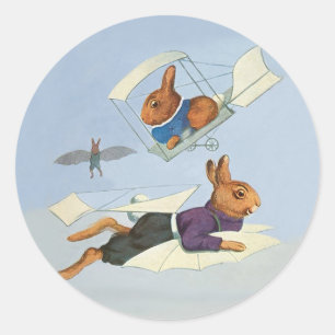 Cute Vintage Flying Bunny Rabbit - Anthropomorphic Classic Round Sticker