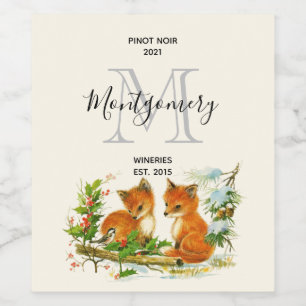 Cute Vintage Foxes Christmas Scene Wine Making Label