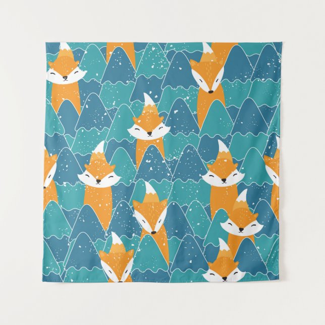 Cute Vintage Foxes Illustration Tapestry (Front)