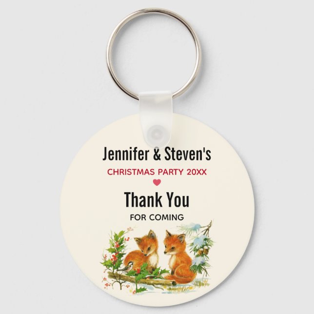 Cute Vintage Foxes Retro Christmas Favour Key Ring (Front)