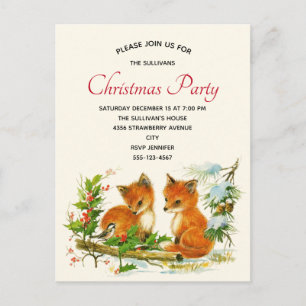 Cute Vintage Foxes Retro Christmas Party Invitation Postcard