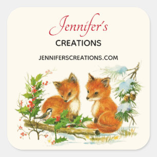 Cute Vintage Foxes Retro Christmas Scene Business Square Sticker