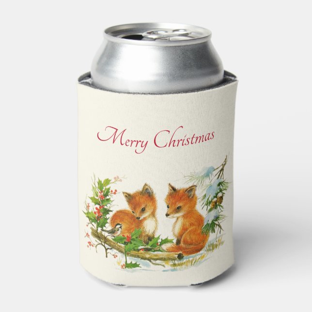 Cute Vintage Foxes Retro Christmas Scene Can Cooler (Can Front)