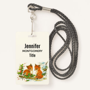 Cute Vintage Foxes Retro Christmas Scene ID Badge