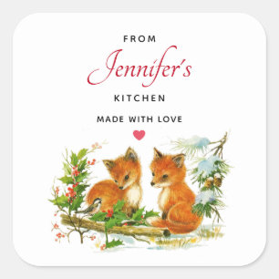 Cute Vintage Foxes Retro Christmas Scene Kitchen Square Sticker