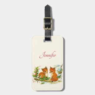 Cute Vintage Foxes Retro Christmas Scene Luggage Tag