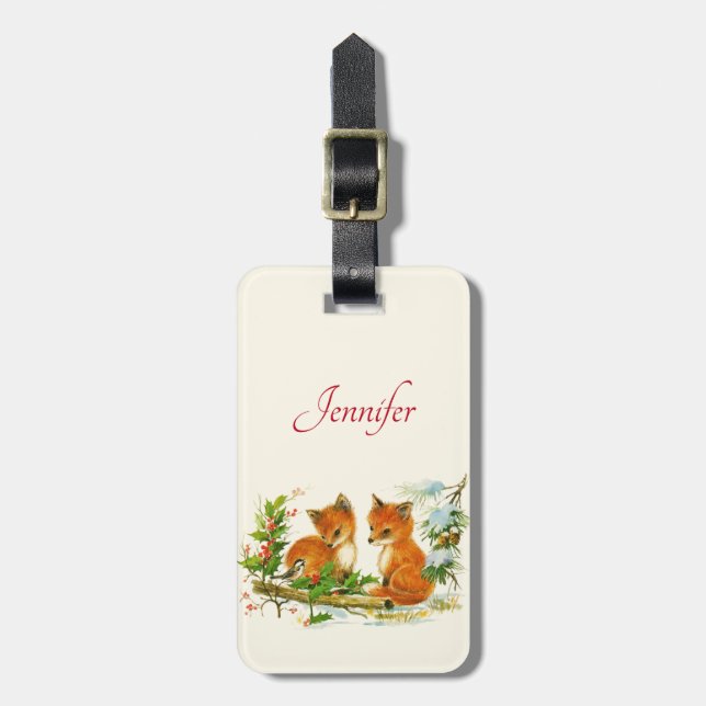 Cute Vintage Foxes Retro Christmas Scene Luggage Tag (Front Vertical)