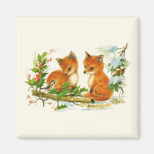 Cute Vintage Foxes Retro Christmas Scene Magnet