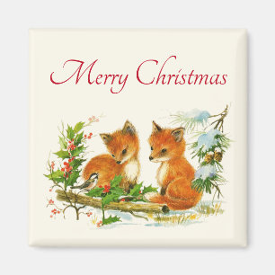 Cute Vintage Foxes Retro Christmas Scene Magnet